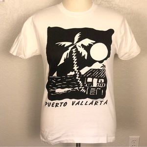 Vintage 90s Puerto Vallarta T-shirt Medium White Black Graphic BYE BYE Tee